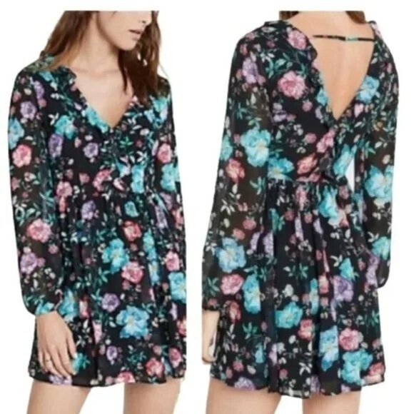 Express Dark Floral Babydoll Mini‎ Dress Ruffled Flowy Lightweight Size 6 - Picture 1 of 15
